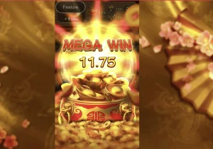 Treasure Bowl slot game screen displaying mega win animation